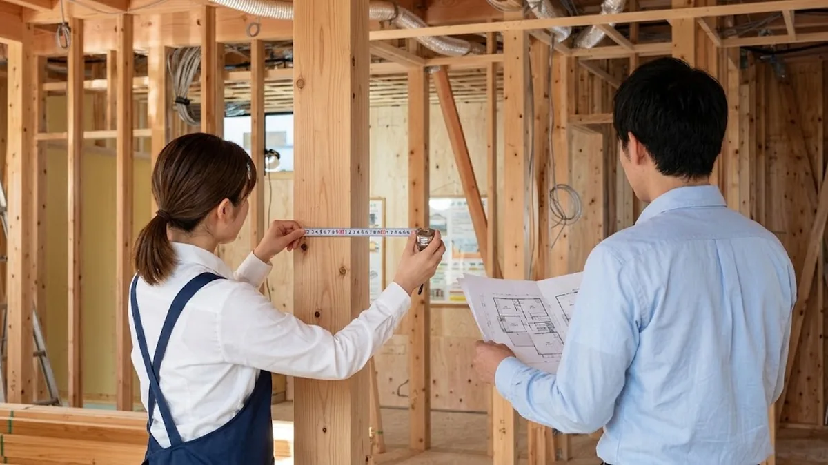 建築中の住宅の室内で、設計担当と一緒に図面を見ながら現場を確認しているところ
