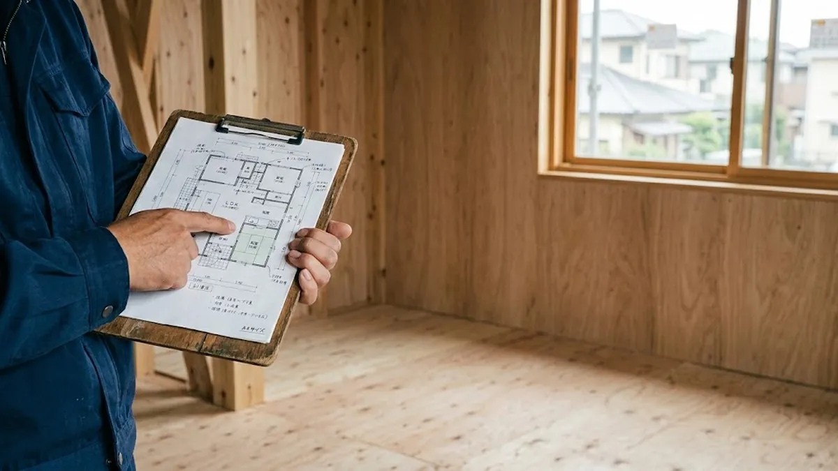 建築中の住宅の室内で、図面を指しながら内容を確認している手元