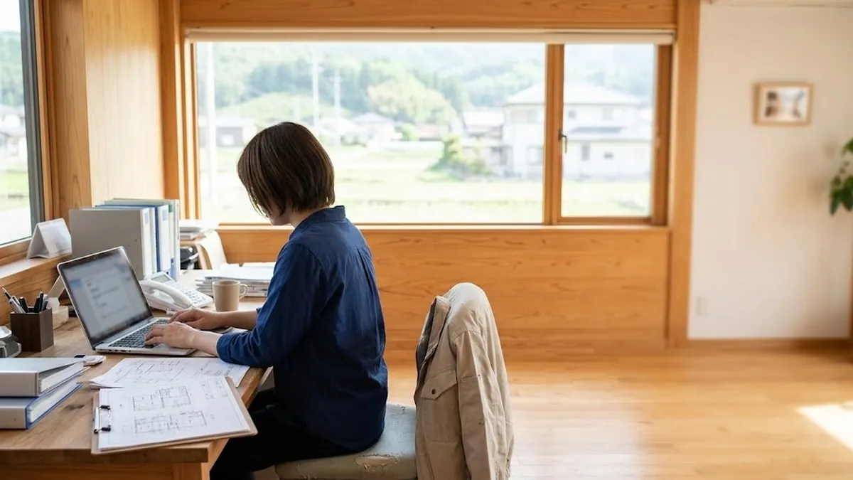事務所の窓際の机で、パソコンと図面を見ながら書類を作成しているスタッフ